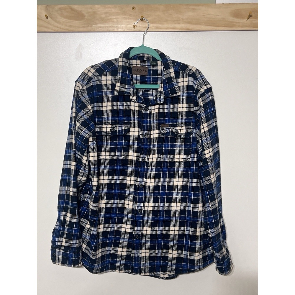 Orvis Plaid Flannel Button Down Heavy Winter Blue Utility Men Size XL